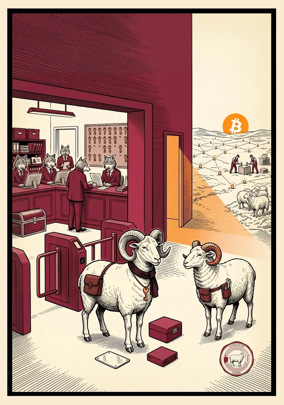 Deux moutons se tiennent devant une porte étroite ouverte sur un paysage éclairé par Bitcoin