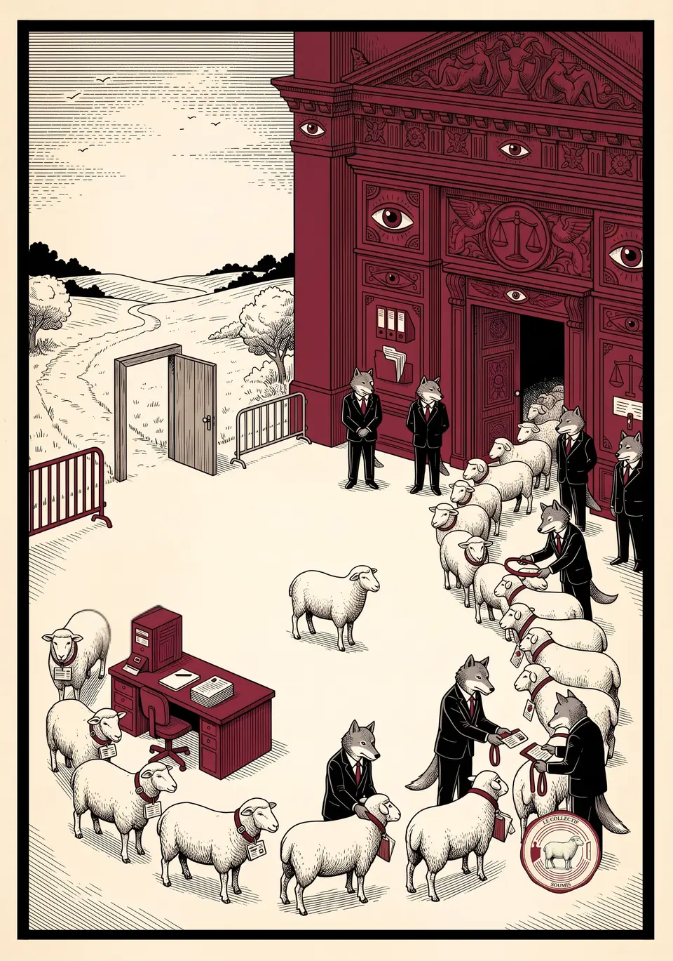 Un troupeau se dirige vers une porte administrative rouge tandis qu’un mouton observe la scène