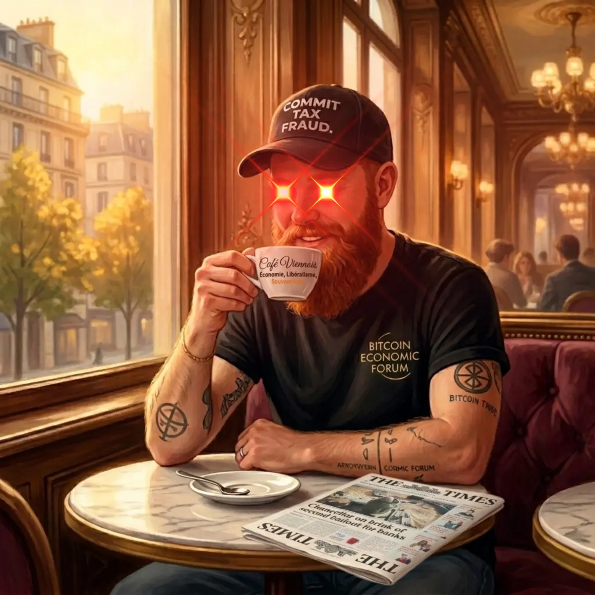 Illustration de Scuba Wizard buvant un café, coiffé de sa casquette et vêtu de son tee-shirt Bitcoin Economic Forum