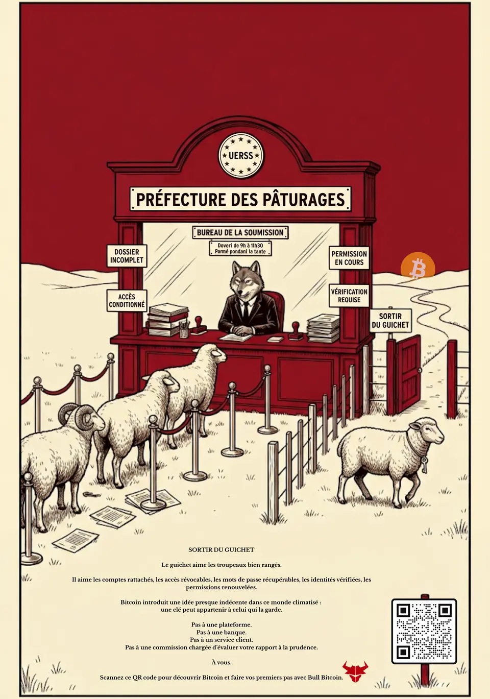 Un mouton quitte le troupeau et franchit une porte vers un paysage libre